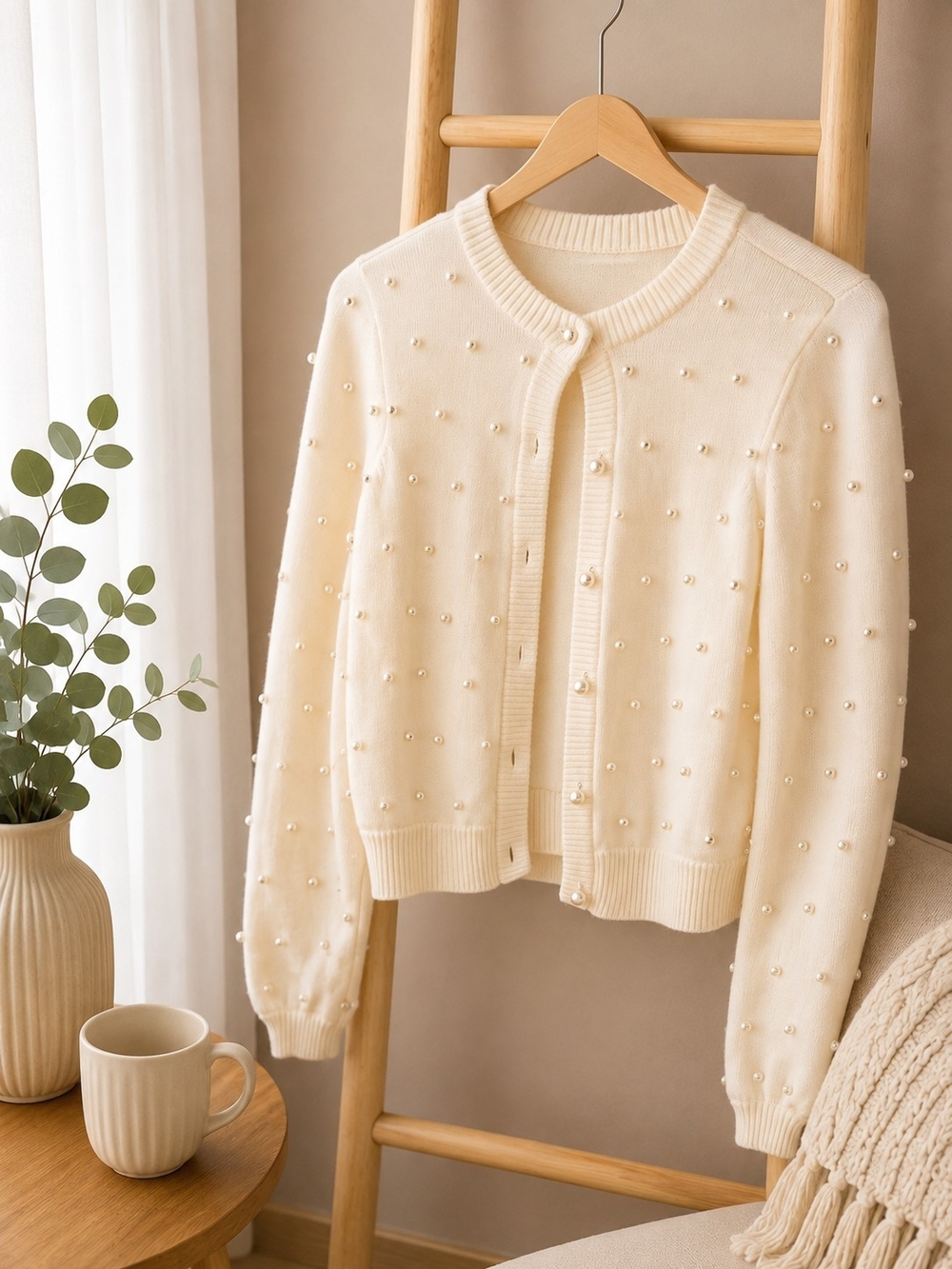 Milly Cream Pearl-Embellished Cardigan